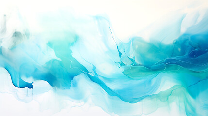 Fototapeta na wymiar Alcohol Ink Painting, Abstract Painting In Blue And Green Tones, Ambient Turquoise Light, Flowing Aqua Silk, Blue Mist, Flowing Silk, Dynamic Pearlescent Wallpaper. Horizontal Watercolor Painting.
