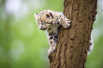 juvenile snow leopard climbing a tree