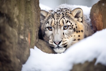snow leopard resting in a snowy hollow