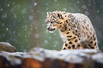 snow leopard in mid-roar amidst snowfall