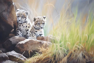 Selbstklebende Fototapeten snow leopards in secluded mountain spot © primopiano