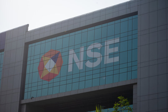 NSE logo on National Stock Exchange building, a leading stock exchange of India. Bombay Stock exchange, Share market, bull ,bear, ipo, government, SEBI, logo concept.