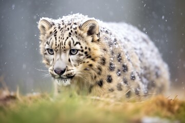 Fototapeta premium snow leopard with thick fur in blizzard conditions