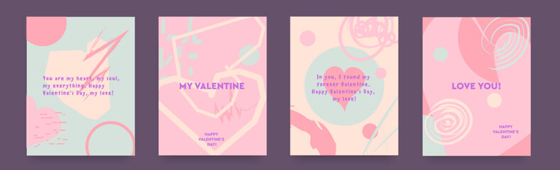 Set Creative Design Happy Valentines Day with Geometric Shape Hearts. Love You Sale. Retro Geometric Design for Ads, Web, Social Media, Banner, Cover, Card. Vector Illustration.