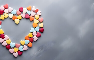 colorful pastel heart shape candies on grey snowy background top view