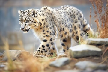snow leopard stalking prey in himalayan terrain