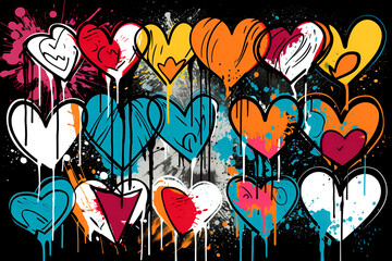 Style of street art with hearts with drips of paint on a dark background.