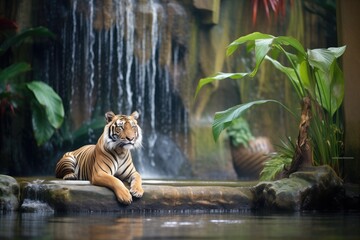 sumatran tiger resting by a serene jungle waterfall - obrazy, fototapety, plakaty