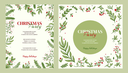 Christmas party invitation poster background in trendy flat style. Merry and Bright Corporate Holiday cards. Universal abstract creative artistic templates