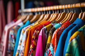 Colorful clothes hanging on the rack, clothes on the hangers seen close up, Generative AI