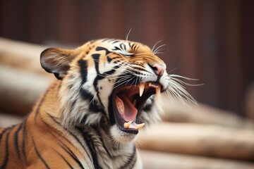 Obraz premium sumatran tiger yawning, showcasing sharp teeth