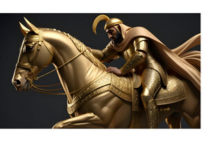 ARABIAN KNIGHT WEARING GOLDEN ARMOUR ON BACK OF HORSE