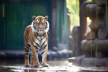sumatran tiger standing in dappled sunlight - obrazy, fototapety, plakaty