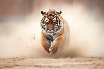 sumatran tiger in a heated chase, dust clouds behind - obrazy, fototapety, plakaty