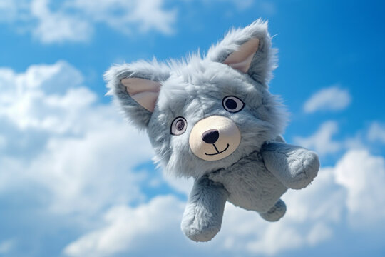 minimalist cute Wolf doll floating in the sky