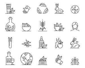 Organic cosmetics icons. No animal tested, natural icons vector set. Eco friendly cruelty free line badges for beauty products - obrazy, fototapety, plakaty