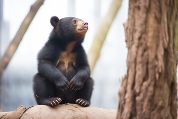 inquisitive sun bear cub exploring alone