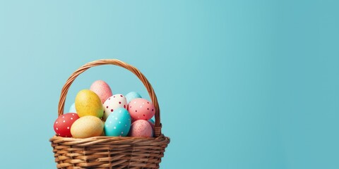 Straw basket with colorful Easter eggs on blue background, Generative AI