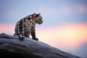 silhouette of sunda clouded leopard at twilight