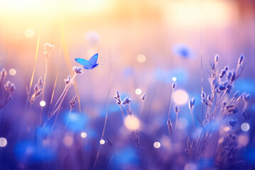 Butterfly and blue flowers. Beautiful blurred spring nature background with blooming meadow and blue sky on a sunny day. Abstract summer nature background.