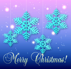 Fototapeta na wymiar Snowflakes on a string. Merry Christmas! Snowflakes on a string. Postcard with text. Colored greeting card. Picture in cut paper style.