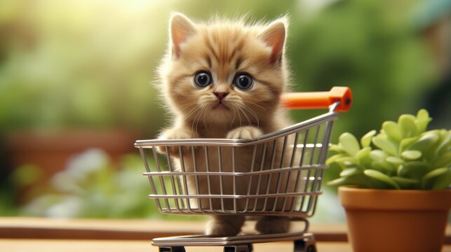Kitten inside a shopping cart and nature in the background, supermarket cart with cat, 3D cartoon style, Generative AI