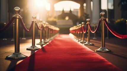 Entrance to a luxury event with a red carpet with golden barriers, Generative AI