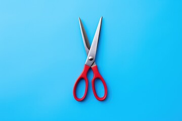 Red scissors isolated on blue background, Generative AI
