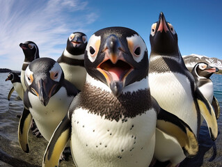 Penguins coming out of the water