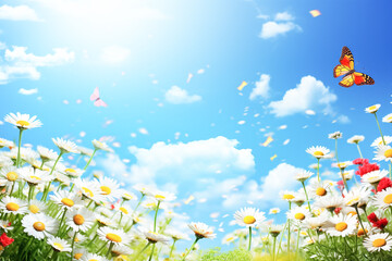 Art summer or spring morning nature background with fresh wild daisies and flying butterfly. Summer, spring natural landscape.


