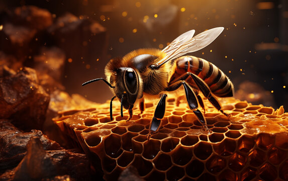 Une abeille dans une ruche sur un nid d'abeilles