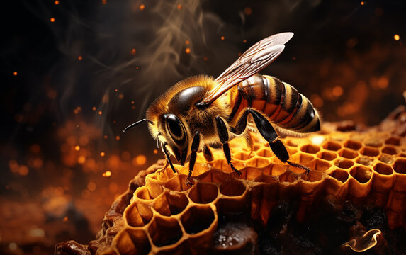 Une abeille dans une ruche sur un nid d'abeilles