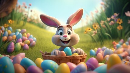 Bunny inside basket with colorful Easter eggs in field with grass and flowers, 3D cartoon style, Generative AI - obrazy, fototapety, plakaty