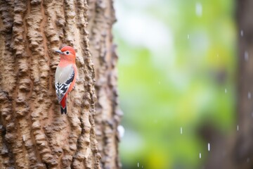 red-feathered woodpecker on oak tree bark