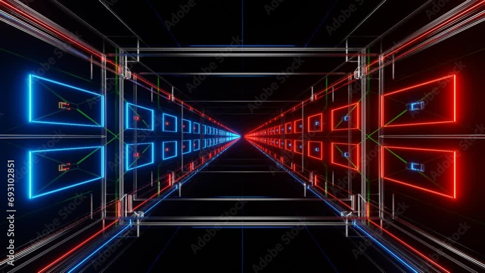 Poster endless movement forward along a futuristic fantasy shadow with a red-blue glow. looped animation. 3