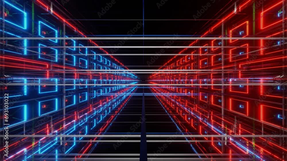 Poster endless movement forward along a futuristic fantasy shadow with a red-blue glow. looped animation. 3