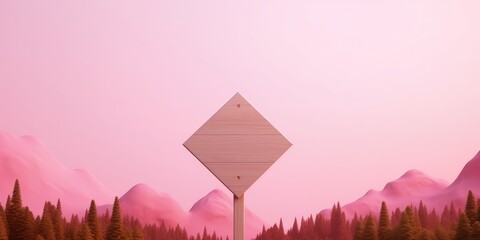 Wooden signpost on pink background with pine trees and mountains, Rhombus-shaped steering plate