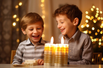 Portrait of happy boy and his brother lighting menorah candles to celebrate Hanukkah holiday