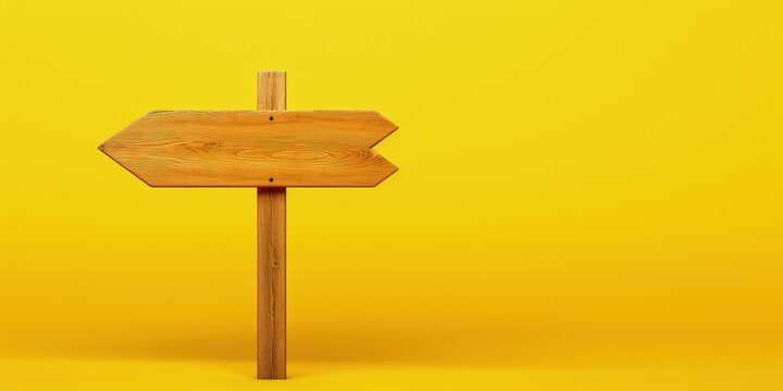 Wooden location sign isolated on yellow background, Wooden direction board, Generative AI