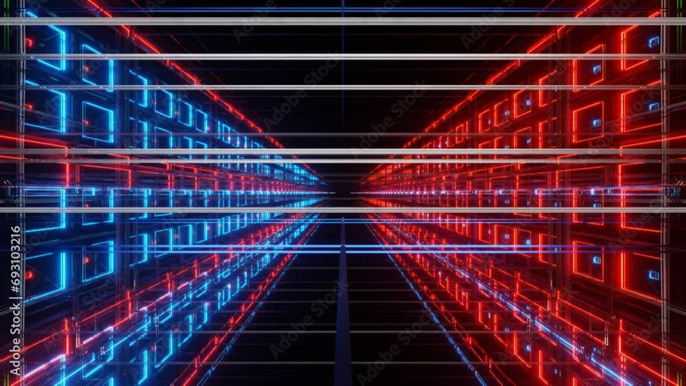 Poster endless movement forward along a futuristic fantasy shadow with a red-blue glow. looped animation. 3