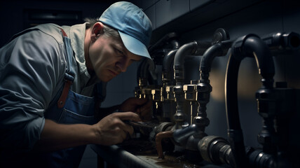 Realistic photo of a plumber fixing a faucet