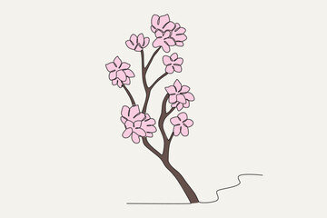 Colored illustration of cherry blossoms. Cherry blossom one-line drawing