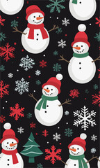 Vector christmas pattern with cartoon
snowmans in red hat, snowflakes, christmas tree on 
black background. 2024 New Year fashion
ornament for fabric, paper, textiles, card, packaging, clothes.