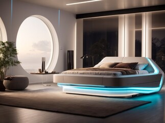 Futuristic interior bedroom with a levitating bed