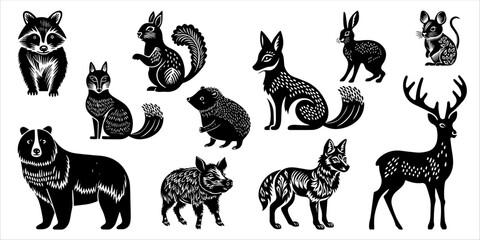 Hand drawn set with forest wild animals in linocut style. Isolated on white background.
