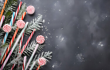 colorful pastel striped canes and Christmas tree branch on grey snowy background top view