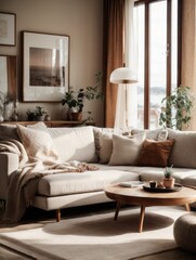 A living room with a cozy mood in the style of Scandinavian