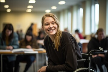 a woman student in university class, disabled in a wheelchair