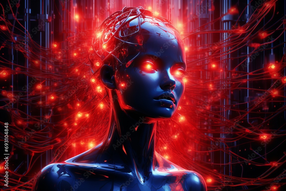 Aufkleber artificial intelligence. advanced robot connected to the vast web of information worldwide