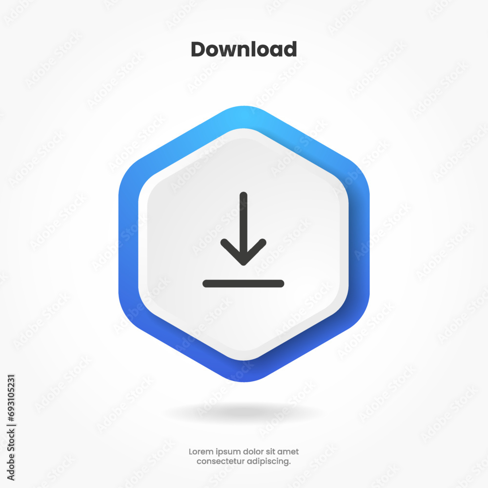 Poster 3D download button icon. Upload icon. Down arrow bottom side symbol. Click here button. Save cloud icon push button for UI UX, website, mobile application.
